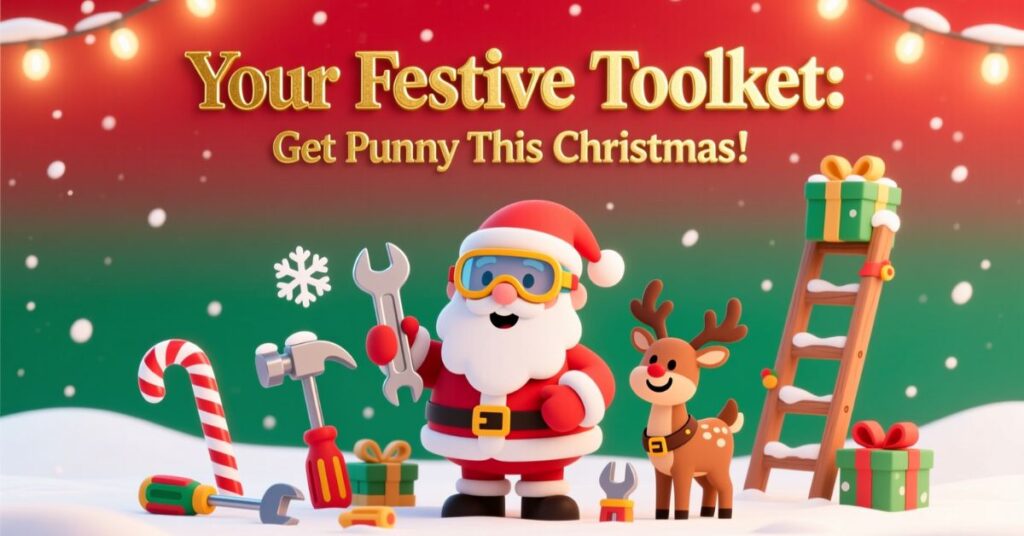 A cartoon Santa Claus wearing goggles stands in a snowy landscape holding a wrench. He is surrounded by tools like a hammer, screwdriver, and a ladder with a gift on top. The headline reads "Your Festive Toolkit: Get Punny This Christmas!"