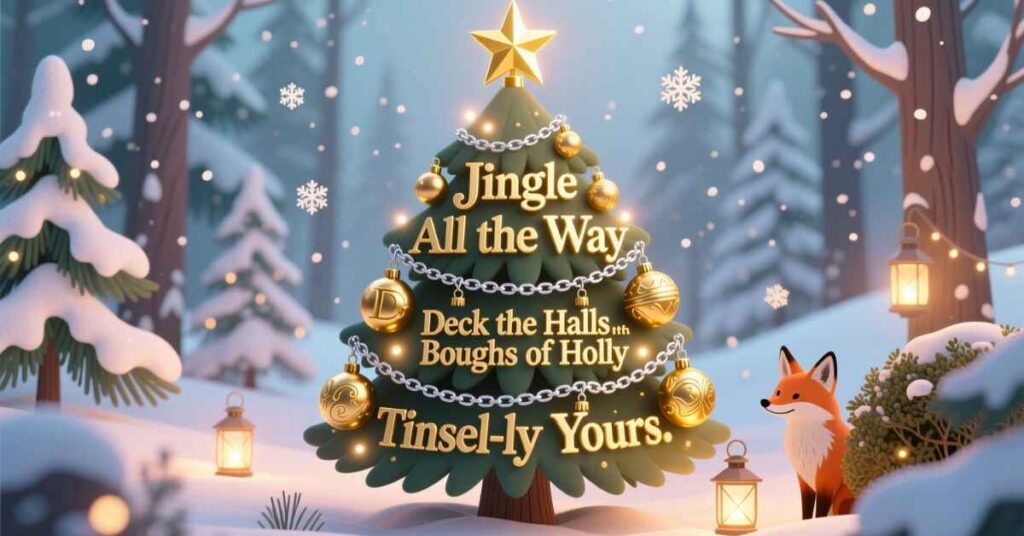 A beautifully lit Christmas tree in a snowy woods, adorned with golden ornaments and silver chains. The tree features text like "Jingle All the Way" and "Christmas puns" like "Tinsel-ly Yours" written across its branches