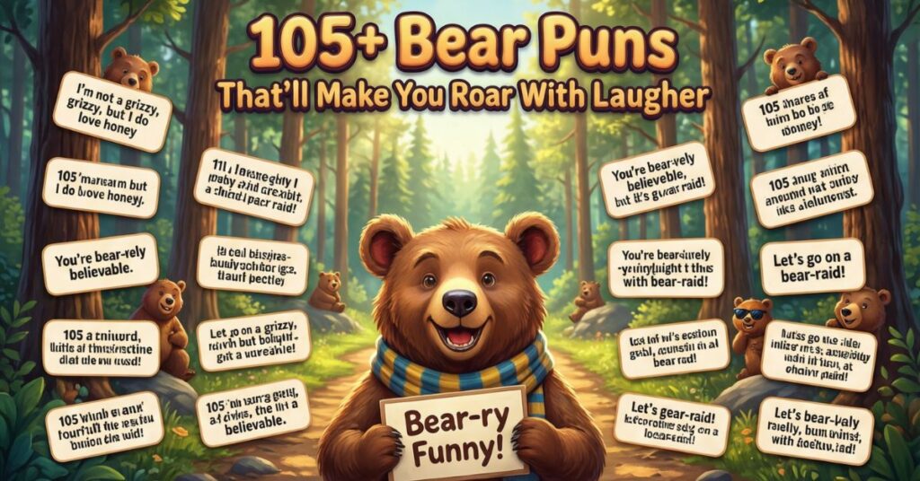 A friendly brown bear wearing a blue and yellow striped scarf stands on a forest path. He holds a wooden sign that says "Bear-ry Funny!", surrounded by multiple wooden plaques hanging from trees that feature various bear puns