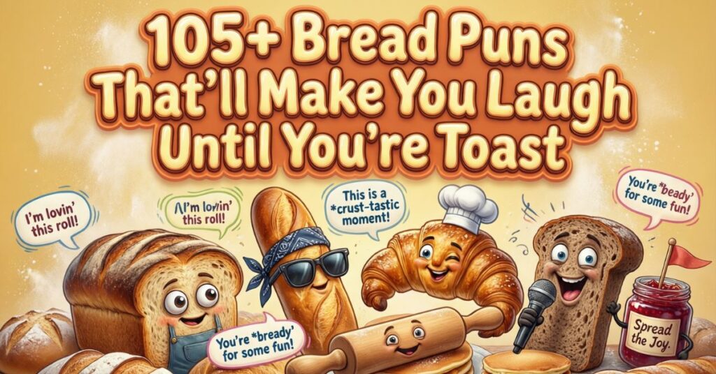 An infographic titled "105+ Bread Puns That’ll Make You Laugh Until You’re Toast" featuring a yellow background and several animated bread characters. The characters, including a croissant in a chef's hat and a slice of whole-wheat bread holding a microphone, are surrounded by speech bubbles with phrases like "I'm lovin' this roll!" and "This is a crust-tastic moment!"