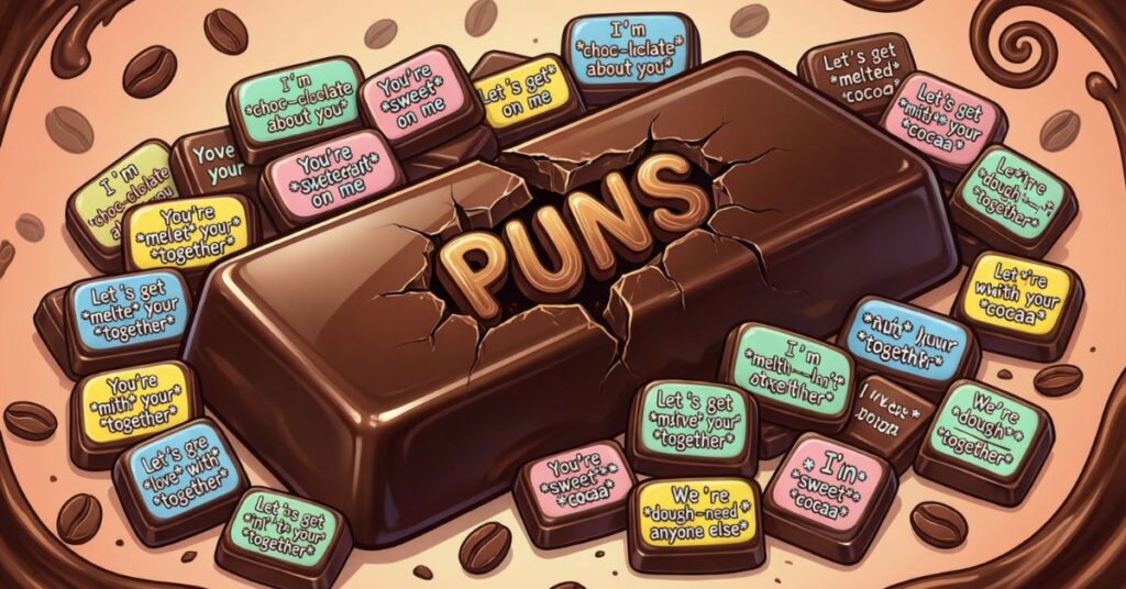 A warm, kitchen-themed infographic titled "105+ Chocolate Puns: Sweet Humor for Every Occasion." It features a central cracked chocolate bar surrounded by smaller pieces, each displaying chocolate puns like "I’m choc-licate about you," "You're sweet on me," and "Let's get melted together."