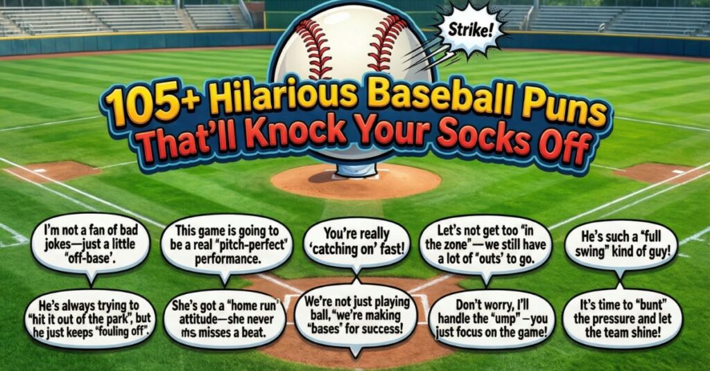 A vibrant green infographic titled "105+ Hilarious Baseball Puns That’ll Knock Your Socks Off". It features ten speech bubbles scattered across a baseball diamond, each containing a different joke such as "I’m not a fan of bad jokes—just a little 'off-base'" and "This game is going to be a real 'pitch-perfect' performance."