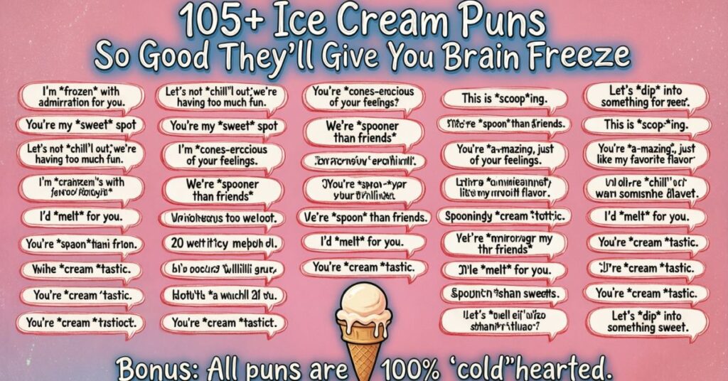 An infographic titled "105+ Ice Cream Puns" featuring a pink background filled with numerous white speech bubbles containing various wordplay phrases. A single scoop of vanilla ice cream in a wafer cone is centered at the bottom