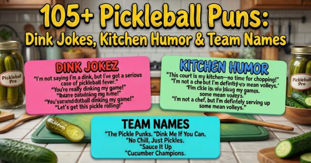 A vibrant infographic titled "105+ Pickleball Puns: Dink Jokes, Kitchen Humor & Team Names". It features three colorful boxes: a pink one for "Dink Jokez" including "Let’s get this pickle rolling!", a green one for "Kitchen Humor" with puns like "This court is my kitchen no time for chopping!", and a blue one for "Team Names" featuring "The Pickle Punks" and "Cucumber Champions"