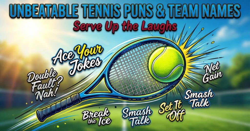 A high-energy blue infographic titled "Unbeatable Tennis Puns & Team Names." It features a glowing yellow tennis ball trailing light streaks, surrounded by various tennis puns and slogans like "Ace Your Jokes," "Double Fault? Nah!," and "Net Gain."