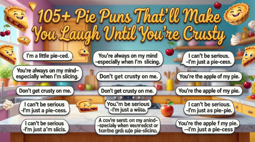 An infographic titled "105+ Pie Puns That'll Make You Laugh Until You're Crusty". The image features a kitchen background filled with numerous white speech bubbles containing phrases like "Don't get crusty on me" and "You're the apple of my pie," surrounded by animated pie slices with happy faces