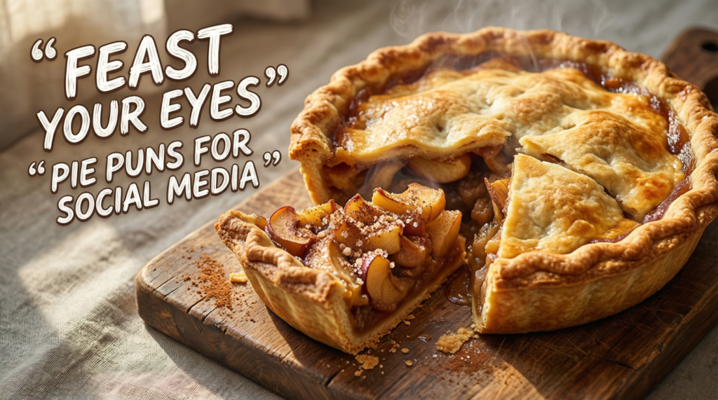 A close-up, high-quality photograph of a steaming apple pie on a rustic wooden board with a slice removed to show the warm filling. The text to the left reads "FEAST YOUR EYES" and "PIE PUNS FOR SOCIAL MEDIA" in a stylized white font
