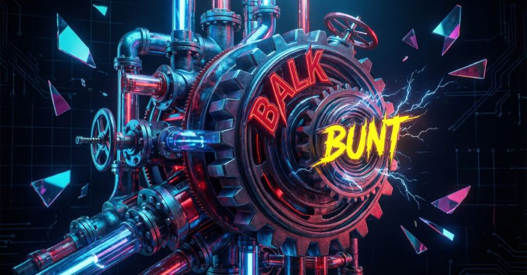 A complex, futuristic machine made of glowing blue and red pipes and gears set against a dark background. At the center of the largest gear, the words "BALK" and "BUNT" are written in neon red and yellow text, surrounded by sparks of electricity and shattered glass fragments