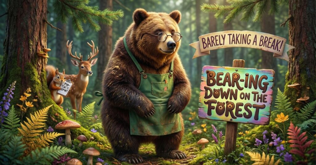 A scholarly brown bear wearing round glasses and a green apron stands in a lush forest. Next to him is a colorful wooden sign that says "Bear-ing Down on the Forest" and a banner that reads "Barely Taking a Break!" ideal for a blog post about nature-themed bear puns