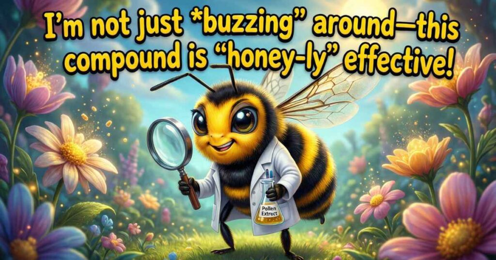 A scientist bee wearing a white lab coat holds a magnifying glass and a flask of "Pollen Extract" in a lush garden. Text at the top reads: "I'm not just buzzing around this compound is 'honey-ly' effective!"