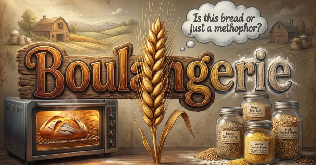 A vintage-style graphic for a "Boulangerie" featuring a large stalk of wheat and a loaf of bread baking in a small countertop oven. Thought bubbles and jars of grains like barley and quinoa add to the scene, with one bubble asking, "Is this bread or just a methophor?"
