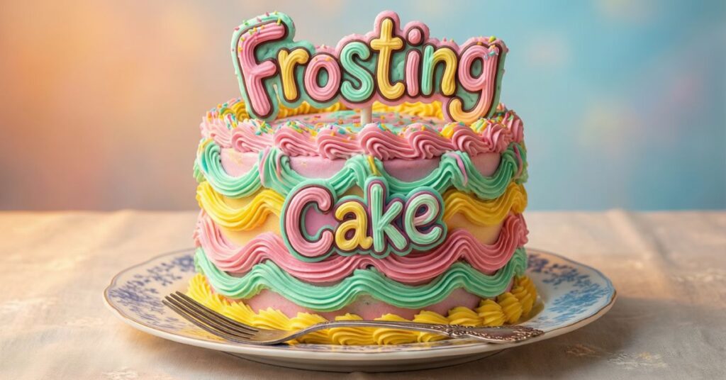 A single-layer cake heavily decorated with wavy pastel frosting in pink, yellow, and teal. Large 3D letters made of frosting on top and on the side spell out the words "Frosting Cake."