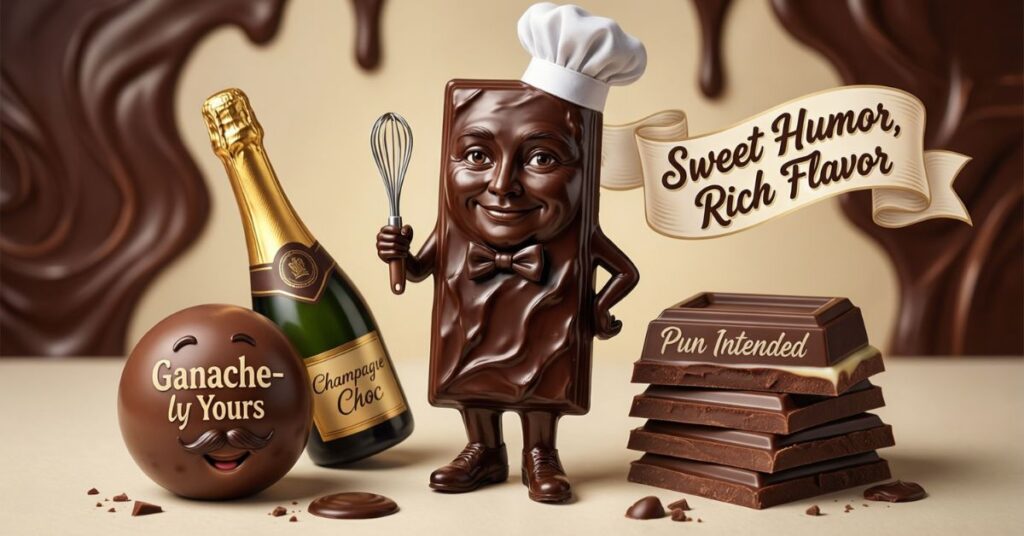 A sophisticated illustration of a chocolate bar character dressed as a chef with a white hat and whisk. He stands next to a bottle of "Champagne Choc" and a stack of chocolate squares labeled "Pun Intended." A banner in the background reads "Sweet Humor, Rich Flavor," emphasizing the use of chocolate puns in branding