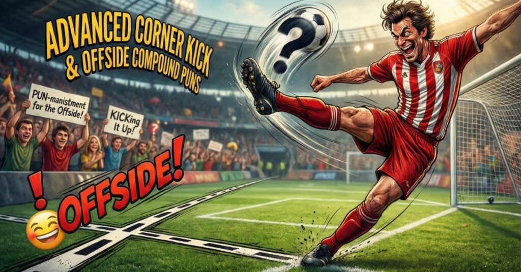 A high-energy digital illustration featuring an "Advanced Corner Kick" on a soccer field, showcasing clever soccer puns like "PUN-manishment for the Offside!"