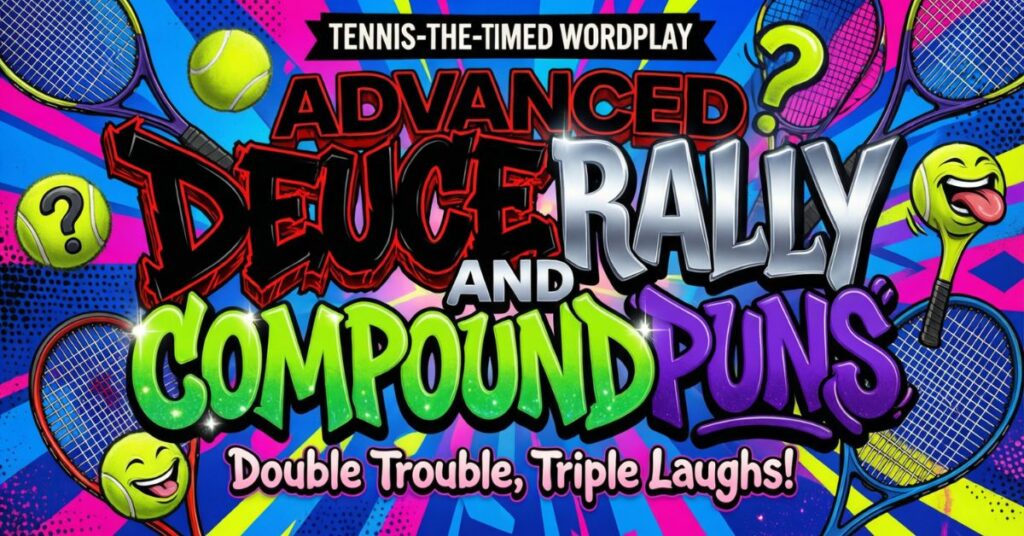A psychedelic, neon-colored graphic titled "ADVANCED DEUCE RALLY AND COMPOUND PUNS." The background is filled with swirling blue and pink patterns, floating tennis rackets, and winking tennis balls with their tongues sticking out, promising "Double Trouble, Triple Laughs!" through complex tennis puns