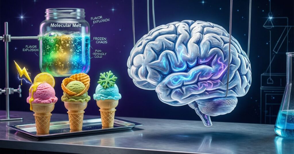 A surreal laboratory scene showing three different ice cream cones (strawberry, matcha, and blueberry) next to a large, glowing, translucent human brain. A beaker labeled "Molecular Melt" glows in the background, suggesting a scientific study of brain freeze