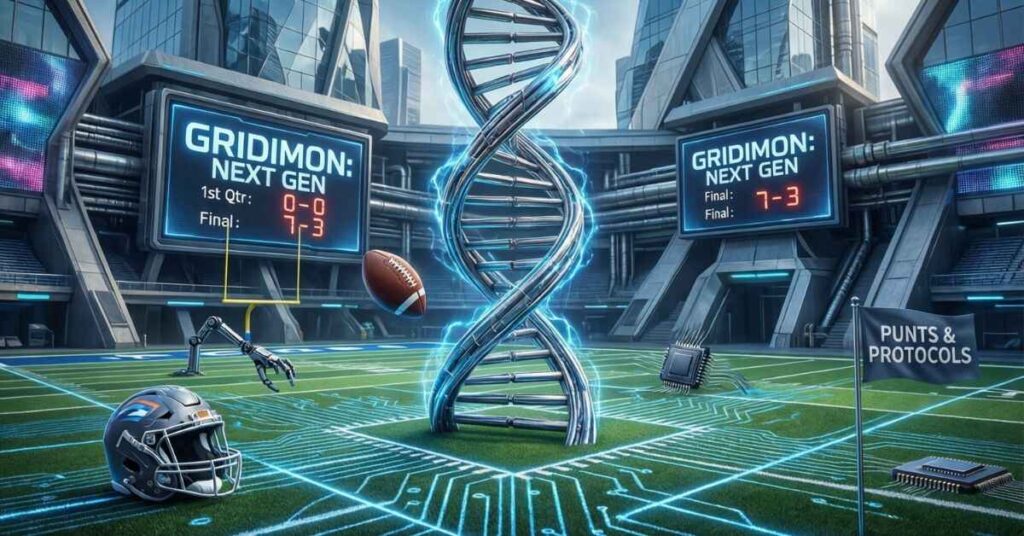 A futuristic stadium scene titled "GRIDIMON: NEXT GEN" where the field is made of circuit boards and a giant metal DNA helix stands in the center. An American football and helmet are seen on the grass near scoreboards and a flag that reads "PUNTS & PROTOCOLS."