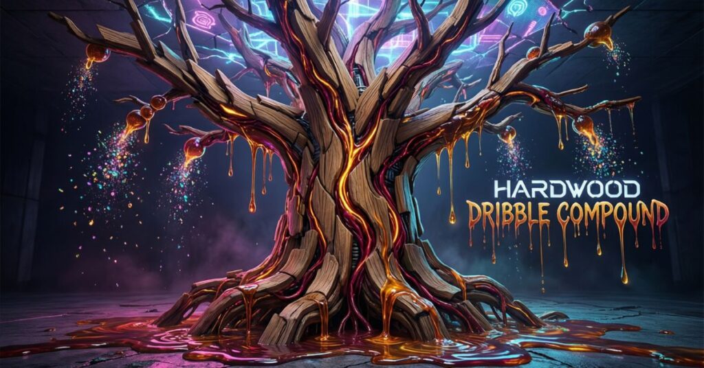A surreal and artistic image of a massive, gnarled tree growing in a dark space, with glowing amber sap dripping from its branches onto the floor. The text "Hardwood Dribble Compound" is written in a melting, honey-like font next to the trunk, blending nature with the concept of a basketball court