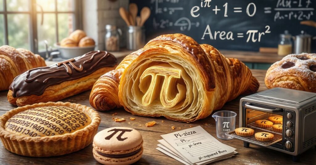 A mathematical-themed bakery scene where pastries like croissants, eclairs, and tarts are decorated with the $\pi$ symbol. A chalkboard in the background displays equations like $e^{i\pi} + 1 = 0$ and $Area = \pi r^2$, blending math humor with bakery visuals