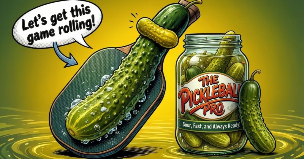 A stylized image featuring a large, bumpy green pickle resting on a green pickleball paddle. Next to it is a glass jar labeled "The Pickleball Pro" with the tagline "Sour, Fast, and Always Ready!". A speech bubble from the pickle says, "Let's get this game rolling!"