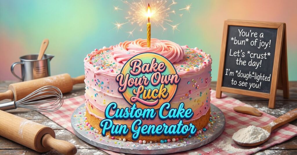 A vibrant, sprinkle-covered birthday cake with a lit candle serves as the background for a "Bake Your Own Luck Custom Cake Pun Generator" logo. A small chalkboard to the right displays several cake puns, including "You're a bun of joy!"