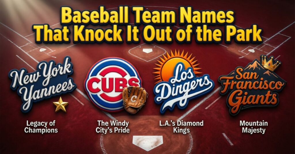 A graphic titled "Baseball Team Names That Knock It Out of the Park" showcasing four stylized logos on a red clay field. It features creative takes on classic identities: "New York Yannees" (Legacy of Champions), "The Windy City Cubs" (City's Pride), "Los Dingers" (L.A.’s Diamond Kings), and "San Francisco Giants" (Mountain Majesty)