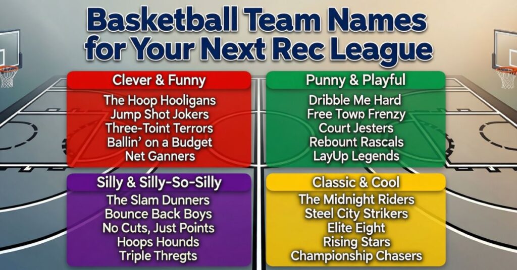 A graphic titled "Basketball Team Names for Your Next Rec League" showing a court divided into four colorful categories. It suggests names like "The Hoop Hooligans" (Clever & Funny), "Dribble Me Hard" (Punny & Playful), "The Slam Dunners" (Silly), and "The Midnight Riders" (Classic & Cool)