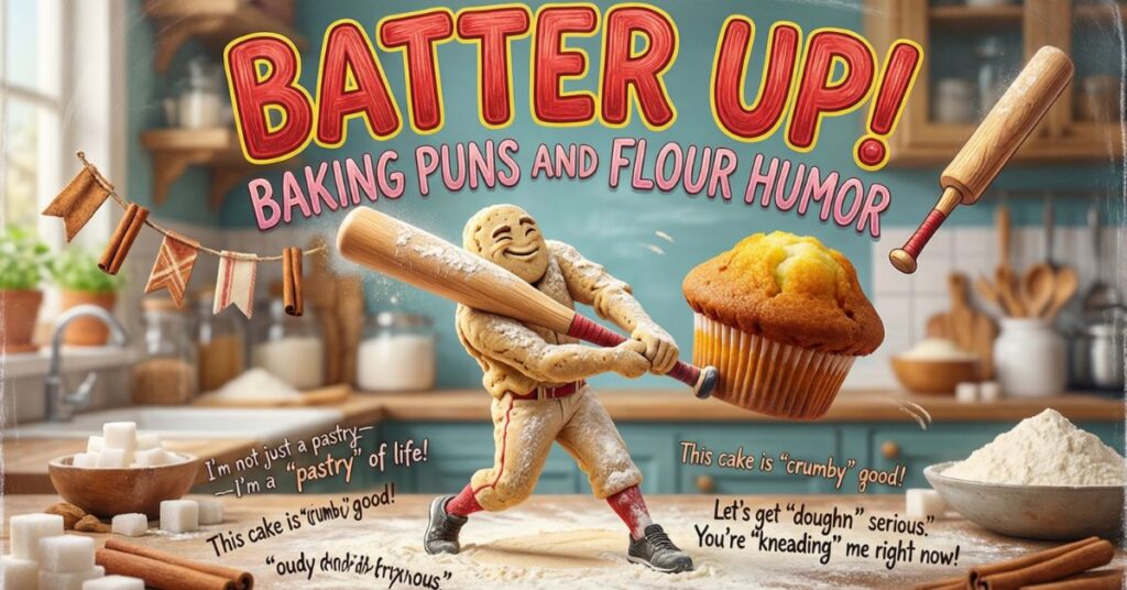 An animated scene titled "Batter Up! Baking Puns and Flour Humor" shows a character made of dough swinging a rolling pin at a muffin. The kitchen setting includes various cake puns like "This cake is 'crumby' good!" and "You're 'kneading' me right now!"