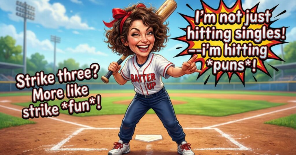 A playful cartoon of a woman with curly hair and a red headband standing in a batting stance. A large comic-book style explosion behind her contains the text: "I’m not just hitting singles! I’m hitting puns!" alongside another bubble that reads "Strike three? More like strike fun!"