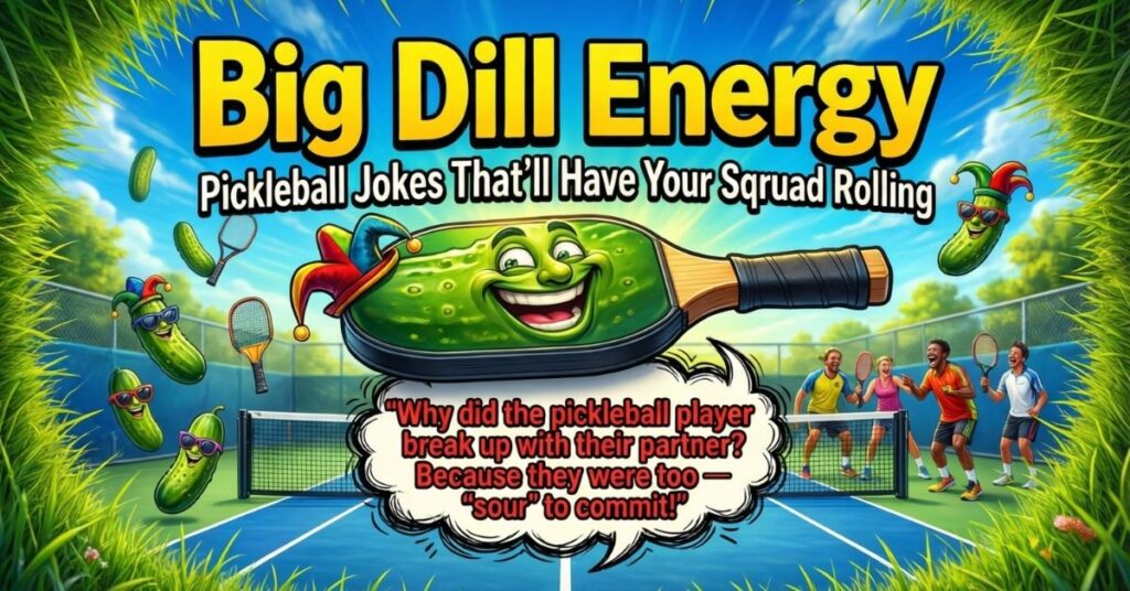 A bright outdoor court scene with the large yellow title "Big Dill Energy". The central focus is a pickleball paddle with a smiling pickle face wearing a jester hat. A speech bubble contains the joke: "Why did the pickleball player break up with their partner? Because they were too 'sour' to commit!"
