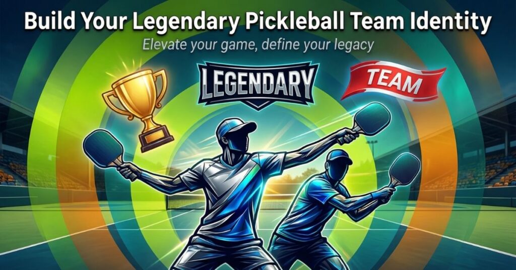 A high-energy graphic with the header "Build Your Legendary Pickleball Team Identity". It displays stylized, glowing blue silhouettes of pickleball players holding paddles against a background of concentric green and yellow circles. A gold trophy and a red banner labeled "TEAM" frame a central shield that reads "LEGENDARY"