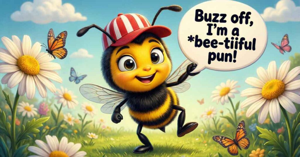 A cute cartoon bee wearing a red and white striped baseball cap dances in a sunny meadow filled with daisies and butterflies. The bee holds a speech bubble that says, "Buzz off, I'm a bee-tiiful pun!"