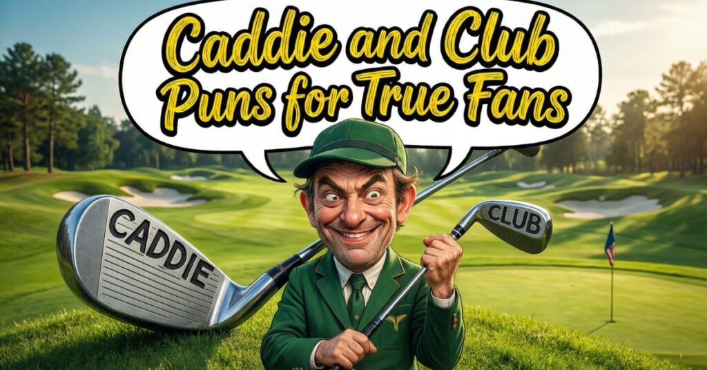 A caricature of a man with a wide, mischievous grin wearing a green jacket and cap. He holds a large golf club over his shoulder, and a giant speech bubble above him reads "Caddie and Club Puns for True Fans," with the words "CADDIE" and "CLUB" printed directly on the oversized club heads
