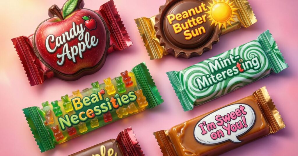 A top-down view of various wrapped chocolate and candy bars on a pink background. Each wrapper features playful wordplay, including "Mint-Minteresting," "Bear Necessities" for gummy bears, and "Peanut Butter Sun." One caramel bar features a speech bubble that says, "I'm Sweet on You!"