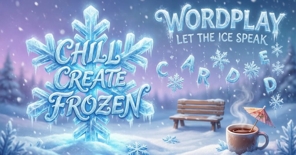 A wintry, snow-covered scene with a large blue ice snowflake featuring the words "Chill Create Frozen." Next to it, floating icy letters spell out "Carded" under the heading "Wordplay Let the Ice Speak," making it a visual playground for ice cream puns and cold-weather humor