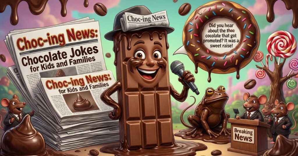 A whimsical scene featuring a personified chocolate bar character wearing a reporter's hat and holding a microphone. In the background, a stack of newspapers is titled "Choc-ing News: Chocolate Jokes for Kids and Families," while a nearby donut asks, "Did you hear about the chocolate that got promoted? It was a sweet raise!"