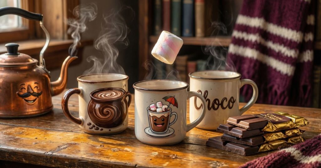 A cozy indoor scene on a wooden table featuring three ceramic mugs filled with hot cocoa and topped with marshmallows. One mug has a smiling face and a tiny umbrella, another says "Choco," and a stack of gold-wrapped chocolate bars sits nearby, evoking the feeling of a "sweet" winter break