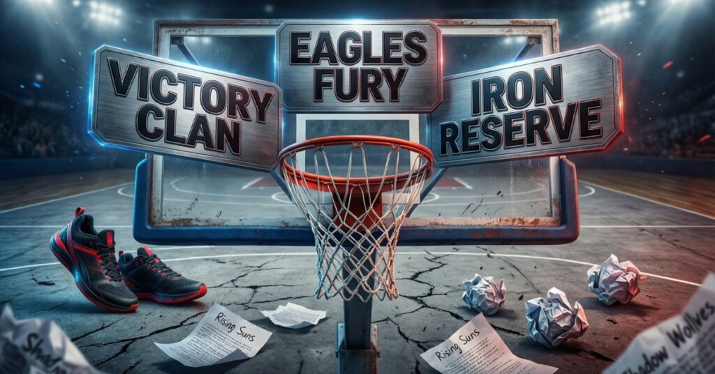 A dramatic image of a basketball hoop in a dimly lit arena, with three large metallic signs behind it reading "VICTORY CLAN," "EAGLES FURY," and "IRON RESERVE." The floor is covered in crumpled papers with the words "Rising Suns" and "Shadow Wolves," suggesting a selection process for a new team identity