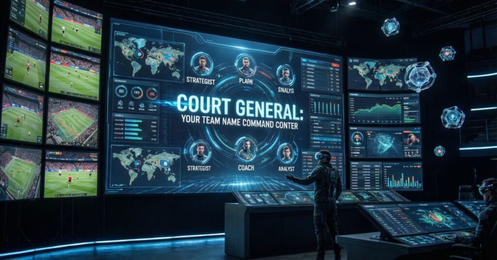 A high-tech digital "Command Center" themed after a basketball front office, labeled "Court General: Your Team Name Command Center". The large screen displays global maps, player analytics, and strategic roles like Strategist, Coach, and Analyst, while users in VR headsets interact with the data