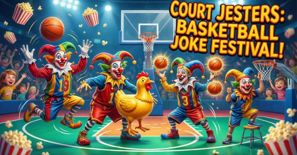 A chaotic and festive scene titled "Court Jesters: Basketball Joke Festival!". Four clowns in colorful uniforms perform tricks on a court, juggling basketballs and interacting with a large rubber chicken while popcorn flies through the air in a packed arena