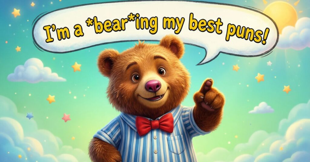 A cheerful brown bear wearing a blue pinstriped shirt and a red bowtie points upward against a sunny sky filled with clouds and stars. A large speech bubble above him reads, "I'm a bearing my best puns!"