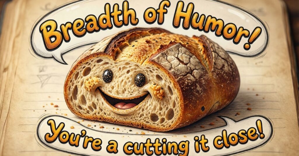 A close-up illustration of a round loaf of sourdough bread with a happy face carved into its crust, resting on the page of an open notebook. Large text above and below the loaf creates bread puns, reading "Breadth of Humor!" and "You're a cutting it close!"