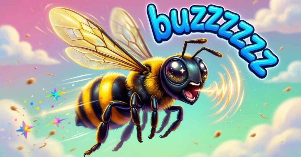 A dynamic 3D-style illustration of a large bumblebee flying through a pastel sky filled with stars and confetti. The word "buzzzzzz" is written in bold, blue bubbly letters above the bee