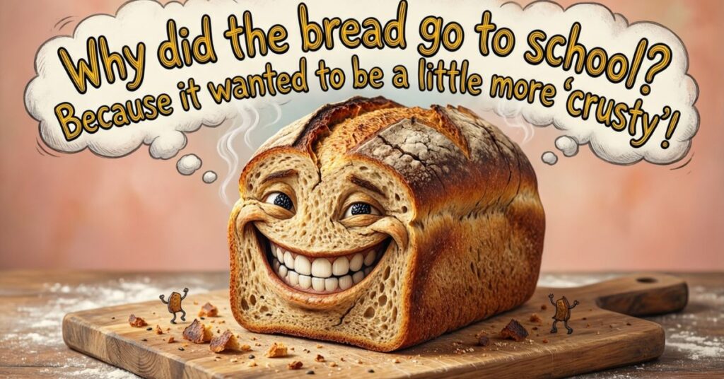 A loaf of crusty bread with a wide, toothy grin sits on a wooden cutting board. A thought bubble above it tells a joke: "Why did the bread go to school? Because it wanted to be a little more 'crusty'!"