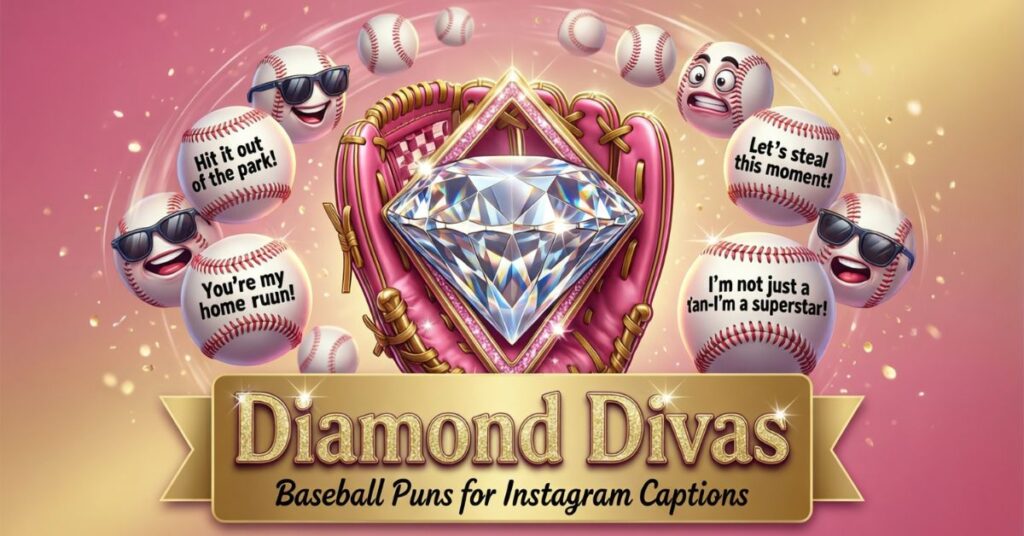 A sparkling graphic featuring a large diamond gemstone inside a pink baseball glove. Several animated baseballs wearing sunglasses float around it, displaying baseball puns for Instagram captions like "You’re my home ruun!", "Hit it out of the park!", and "I’m not just a fan, I’m a superstar!"