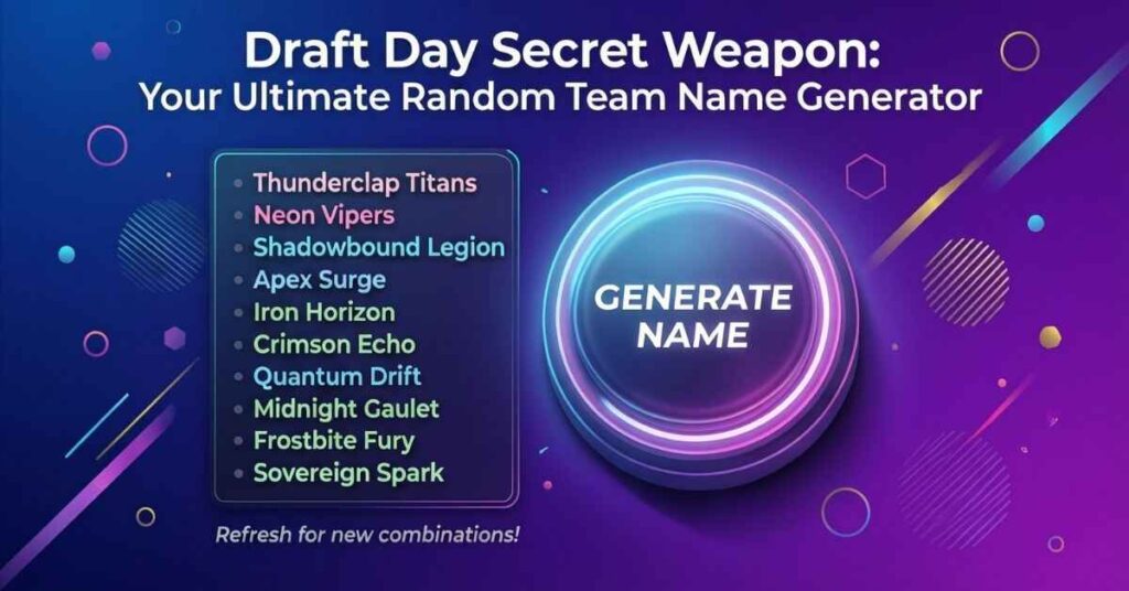 A sleek, dark-blue digital interface titled "Draft Day Secret Weapon: Your Ultimate Random Team Name Generator." A glowing "GENERATE NAME" button sits next to a list of creative team names like "Thunderclap Titans," "Neon Vipers," and "Frostbite Fury."