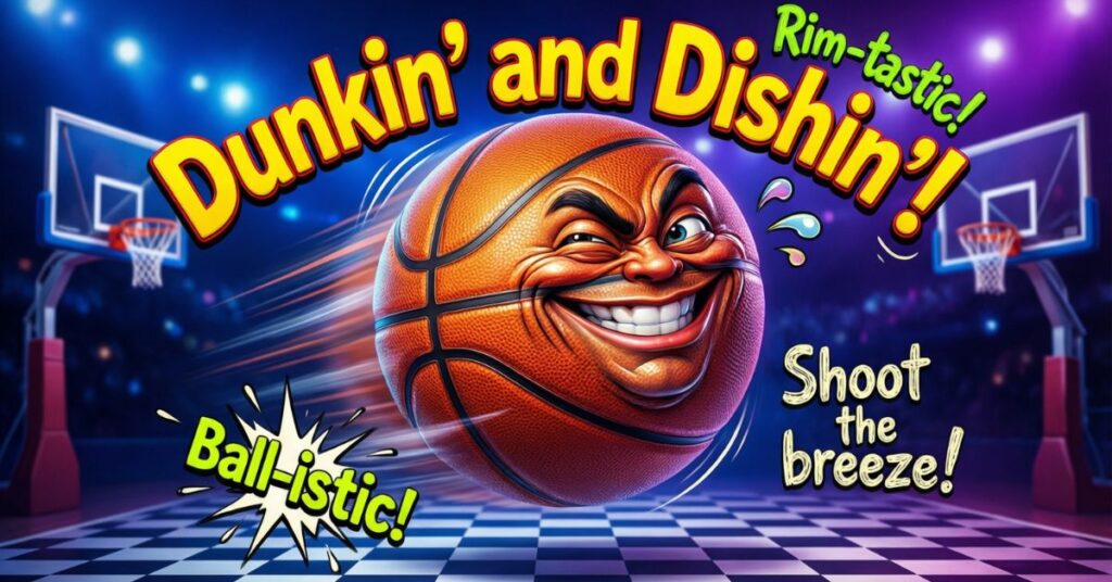 A vibrant, action-oriented graphic featuring a basketball with a mischievous, grinning face flying through the air. The text includes high-energy basketball puns and slogans like "Dunkin' and Dishin'!", "Rim-tastic!", "Ball-istic!", and "Shoot the breeze!"