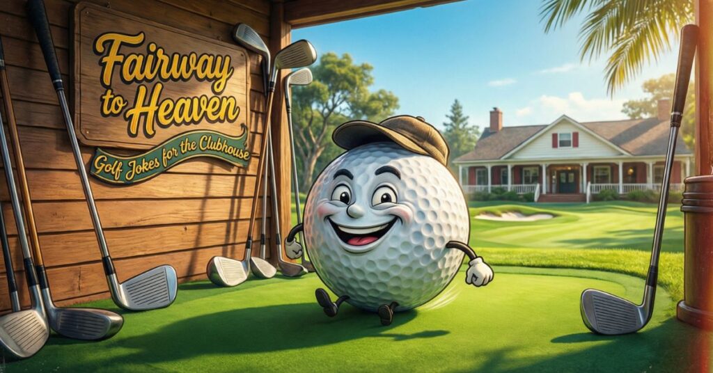 A large, winking golf ball character with arms and legs is seen walking across a green fairway towards a clubhouse. A wooden sign on a nearby shed reads "Fairway to Heaven: Golf Jokes for the Clubhouse," making lighthearted use of golf puns to set a cheerful mood