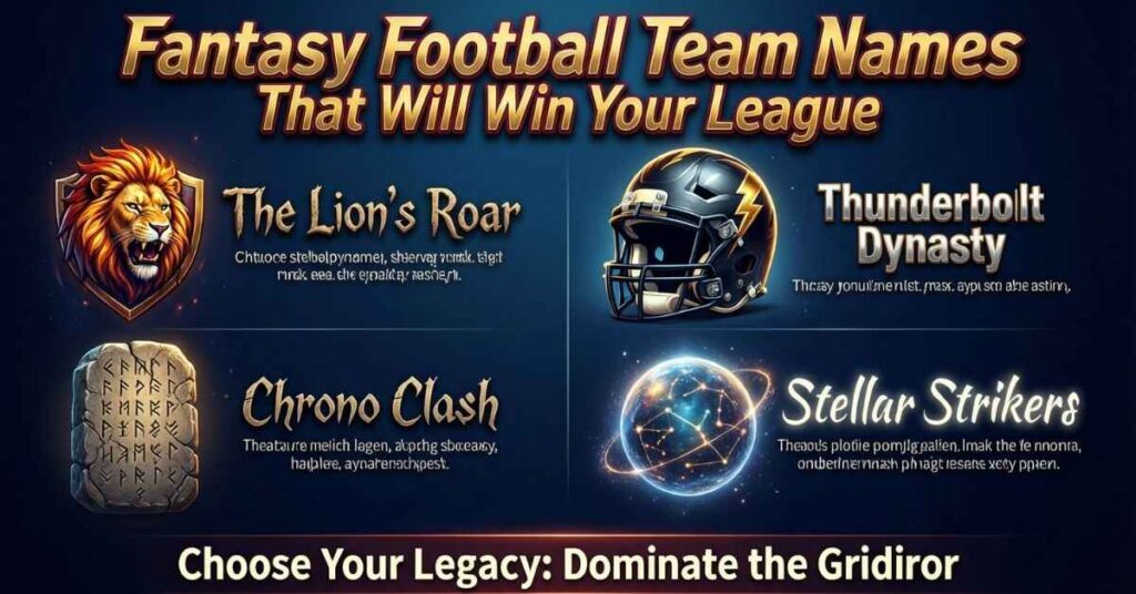 A professional infographic showcasing "Fantasy Football Team Names That Will Win Your League." It features four distinct logos: a lion's head for "The Lion’s Roar," a lightning-bolt helmet for "Thunderbolt Dynasty," a runic stone for "Chrono Clash," and a glowing planet for "Stellar Strikers."