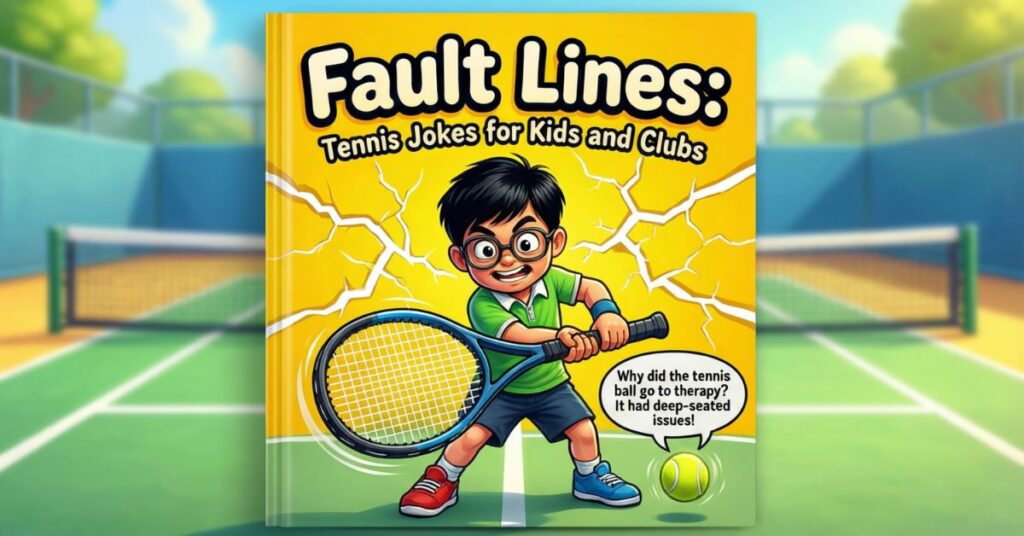 The cover of a children’s book titled "Fault Lines: Tennis Jokes for Kids and Clubs." It illustrates a young boy in glasses and a green shirt swinging a racket on a court where the ground is cracking. A speech bubble from a tennis ball asks, "Why did the tennis ball go to therapy? It had deep-seated issues!"